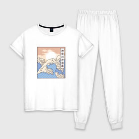Женская пижама хлопок с принтом The Great Wave в Белгороде, 100% хлопок | брюки и футболка прямого кроя, без карманов, на брюках мягкая резинка на поясе и по низу штанин | art | hokusai | japan | japanese | kanagawa | landscape | retro | retrowave | vaporwave | vintage | арт | большая | в канагаве | великая | винтаж | волна | гравюра | иллюстрация | искусство | канагава | картина | море | океан | пейзаж | ретро |