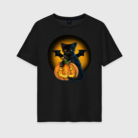 Женская футболка хлопок Oversize с принтом Черный котик с тыквой Хэллоуин в Белгороде, 100% хлопок | свободный крой, круглый ворот, спущенный рукав, длина до линии бедер
 | кот | котик | крылья | летучая | луна | мышь | тыква | хеллоуин | хэллоуин | черный