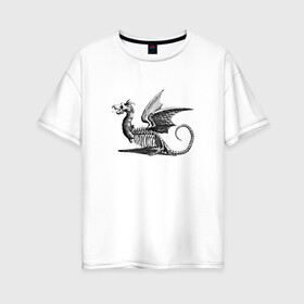 Женская футболка хлопок Oversize с принтом Скелет Дракона в Белгороде, 100% хлопок | свободный крой, круглый ворот, спущенный рукав, длина до линии бедер
 | графика | дракон | животное | зверь | картинки | популярные | прикольные | скелет | тренды | чудовище | штриховая