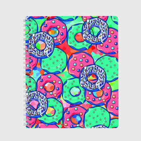 Тетрадь с принтом Donuts в Белгороде, 100% бумага | 48 листов, плотность листов — 60 г/м2, плотность картонной обложки — 250 г/м2. Листы скреплены сбоку удобной пружинной спиралью. Уголки страниц и обложки скругленные. Цвет линий — светло-серый
 | colorful | donuts | patterns | sweet | texture | пончики | разноцветный | сладкое | текстура | узоры