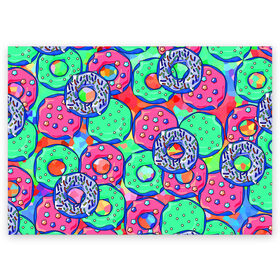 Поздравительная открытка с принтом Donuts в Белгороде, 100% бумага | плотность бумаги 280 г/м2, матовая, на обратной стороне линовка и место для марки
 | colorful | donuts | patterns | sweet | texture | пончики | разноцветный | сладкое | текстура | узоры