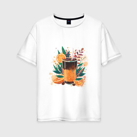 Женская футболка хлопок Oversize с принтом бодрящий коктейль в Белгороде, 100% хлопок | свободный крой, круглый ворот, спущенный рукав, длина до линии бедер
 | апельсин | бодрость | витамины | коктейль | кофе | лето | напиток | яркий