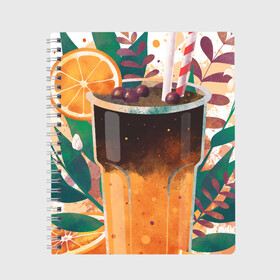Тетрадь с принтом бодрящий коктейль в Белгороде, 100% бумага | 48 листов, плотность листов — 60 г/м2, плотность картонной обложки — 250 г/м2. Листы скреплены сбоку удобной пружинной спиралью. Уголки страниц и обложки скругленные. Цвет линий — светло-серый
 | апельсин | бодрость | витамины | коктейль | кофе | лето | напиток | яркий