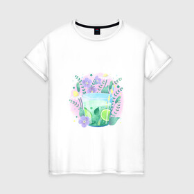 Женская футболка хлопок с принтом летний напиток в Белгороде, 100% хлопок | прямой крой, круглый вырез горловины, длина до линии бедер, слегка спущенное плечо | еда | жара | коктейль | лайм | лед | лето | напиток | свежесть | фрукты | цветы
