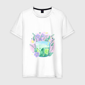 Мужская футболка хлопок с принтом летний напиток в Белгороде, 100% хлопок | прямой крой, круглый вырез горловины, длина до линии бедер, слегка спущенное плечо. | еда | жара | коктейль | лайм | лед | лето | напиток | свежесть | фрукты | цветы