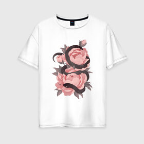 Женская футболка хлопок Oversize с принтом Змеиные розы в Белгороде, 100% хлопок | свободный крой, круглый ворот, спущенный рукав, длина до линии бедер
 | арт | змеиная роза | змея | змея и роза | рисунок | роза | розовая роза | розовые розы | розовый | розы | тёмный | уж | ужик | цветок | цветы | чёрный