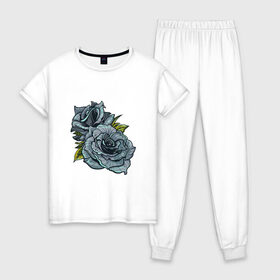 Женская пижама хлопок с принтом Синяя роза в Белгороде, 100% хлопок | брюки и футболка прямого кроя, без карманов, на брюках мягкая резинка на поясе и по низу штанин | арт | зеленый | рисунок | роза | розы | синие розы | синий | синяя роза | темный