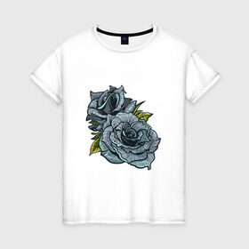 Женская футболка хлопок с принтом Синяя роза в Белгороде, 100% хлопок | прямой крой, круглый вырез горловины, длина до линии бедер, слегка спущенное плечо | арт | зеленый | рисунок | роза | розы | синие розы | синий | синяя роза | темный