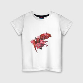 Детская футболка хлопок с принтом Красная птица с цветами в Белгороде, 100% хлопок | круглый вырез горловины, полуприлегающий силуэт, длина до линии бедер | арт | красная птица | красный | крылья | перья | полёт | полёт птицы | птица | рисунок | розовые цветы | розовый | розовый цветок | цветок | цветы