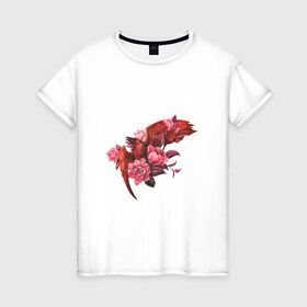 Женская футболка хлопок с принтом Красная птица с цветами в Белгороде, 100% хлопок | прямой крой, круглый вырез горловины, длина до линии бедер, слегка спущенное плечо | арт | красная птица | красный | крылья | перья | полёт | полёт птицы | птица | рисунок | розовые цветы | розовый | розовый цветок | цветок | цветы