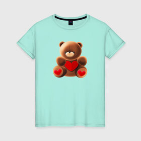 Женская футболка хлопок с принтом Медвежонок с сердечком в Белгороде, 100% хлопок | прямой крой, круглый вырез горловины, длина до линии бедер, слегка спущенное плечо | love is | teddy bear | valentines day | бабушка | валентинка | влюбленные | девушке | жена | лучшая | любимая | люблю | любовь | мама | медведь | медвежата | молодожены | подарок | романтика | свадебные | свадьба