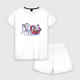 Женская пижама с шортиками хлопок с принтом Санта с Единорогами в Белгороде, 100% хлопок | футболка прямого кроя, шорты свободные с широкой мягкой резинкой | 