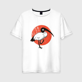 Женская футболка хлопок Oversize с принтом Белый Ибис в Белгороде, 100% хлопок | свободный крой, круглый ворот, спущенный рукав, длина до линии бедер
 | bird | birdy | circle | flag | ibis | japan | japanese | old | retro | sad | vintage | washed | white | worn | аист | аистообразные | винтаж | грустная | депрессия | ибисовые | ибисы | иллюстрация | круг | печаль | потертая | прикол | птичка 
