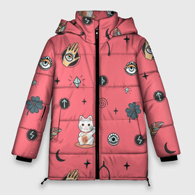 Женская зимняя куртка 3D с принтом Символы и знаки удачи в Белгороде, верх — 100% полиэстер; подкладка — 100% полиэстер; утеплитель — 100% полиэстер | длина ниже бедра, силуэт Оверсайз. Есть воротник-стойка, отстегивающийся капюшон и ветрозащитная планка. 

Боковые карманы с листочкой на кнопках и внутренний карман на молнии | везение | всевидящее око | глаз | завитки | звезды | злой | иконки | китайский | клевер | кость. | кот | котёнок | котик | кристал | листик | луна | молния | перо | пёрышко | перья | подкова | рука с глазом