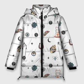 Женская зимняя куртка 3D с принтом Символы и знаки удачи в Белгороде, верх — 100% полиэстер; подкладка — 100% полиэстер; утеплитель — 100% полиэстер | длина ниже бедра, силуэт Оверсайз. Есть воротник-стойка, отстегивающийся капюшон и ветрозащитная планка. 

Боковые карманы с листочкой на кнопках и внутренний карман на молнии | всевидящее око глаз | глаза | глазки | завитки спиральки | звезды | знак | иконки | китайский | клевер | кость | кот | котёнок | котик. | кристал | лапка | луна | молния | оберег | перо | пёрышки | перья