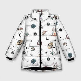 Зимняя куртка для девочек 3D с принтом Символы и знаки удачи в Белгороде, ткань верха — 100% полиэстер; подклад — 100% полиэстер, утеплитель — 100% полиэстер. | длина ниже бедра, удлиненная спинка, воротник стойка и отстегивающийся капюшон. Есть боковые карманы с листочкой на кнопках, утяжки по низу изделия и внутренний карман на молнии. 

Предусмотрены светоотражающий принт на спинке, радужный светоотражающий элемент на пуллере молнии и на резинке для утяжки. | Тематика изображения на принте: всевидящее око глаз | глаза | глазки | завитки спиральки | звезды | знак | иконки | китайский | клевер | кость | кот | котёнок | котик. | кристал | лапка | луна | молния | оберег | перо | пёрышки | перья