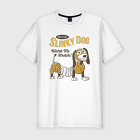 Мужская футболка хлопок Slim с принтом Slinky Dog в Белгороде, 92% хлопок, 8% лайкра | приталенный силуэт, круглый вырез ворота, длина до линии бедра, короткий рукав | Тематика изображения на принте: disney | pixar | slinky dog | toy story | vdkimel | дисней | история игрушек | пиксар