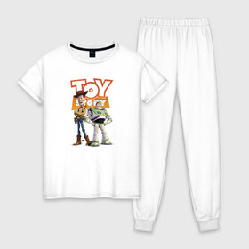 Женская пижама хлопок с принтом Toy Story в Белгороде, 100% хлопок | брюки и футболка прямого кроя, без карманов, на брюках мягкая резинка на поясе и по низу штанин | buzz lightyear | disney | pixar | toy story | vdkimel | woody | базз лайтер | вуди | дисней | история игрушек | пиксар