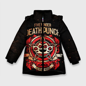 Зимняя куртка для девочек 3D с принтом Five Finger Death Punch в Белгороде, ткань верха — 100% полиэстер; подклад — 100% полиэстер, утеплитель — 100% полиэстер. | длина ниже бедра, удлиненная спинка, воротник стойка и отстегивающийся капюшон. Есть боковые карманы с листочкой на кнопках, утяжки по низу изделия и внутренний карман на молнии. 

Предусмотрены светоотражающий принт на спинке, радужный светоотражающий элемент на пуллере молнии и на резинке для утяжки. | 5fdp | ffdp | five finger death punch | metal | группы | метал | музыка | рок