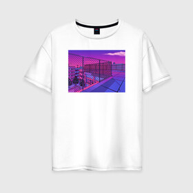 Женская футболка хлопок Oversize с принтом NFRNS -такты в Белгороде, 100% хлопок | свободный крой, круглый ворот, спущенный рукав, длина до линии бедер
 | графика | игра | компьютерная графика | неон | пейзаж | пиксели | пиксельный пейзаж | фиолетовый
