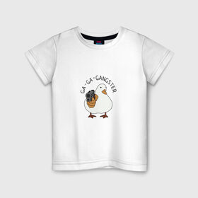 Детская футболка хлопок с принтом Ga-Ga-Gangster в Белгороде, 100% хлопок | круглый вырез горловины, полуприлегающий силуэт, длина до линии бедер | duck | бандит | гангстер | гусь | мафия | прикол | птица | утка | утка с пистолетом | юмор
