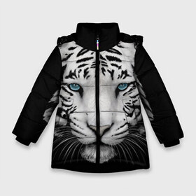 Зимняя куртка для девочек 3D с принтом Белый тигр в Белгороде, ткань верха — 100% полиэстер; подклад — 100% полиэстер, утеплитель — 100% полиэстер. | длина ниже бедра, удлиненная спинка, воротник стойка и отстегивающийся капюшон. Есть боковые карманы с листочкой на кнопках, утяжки по низу изделия и внутренний карман на молнии. 

Предусмотрены светоотражающий принт на спинке, радужный светоотражающий элемент на пуллере молнии и на резинке для утяжки. | белый тигр | крупный тигр | крупным планом | с голубыми глазами | тигры