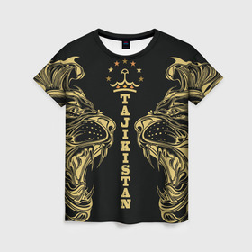 Женская футболка 3D с принтом Таджикистан в Белгороде, 100% полиэфир ( синтетическое хлопкоподобное полотно) | прямой крой, круглый вырез горловины, длина до линии бедер | crown | golden | king | lion | republic | tajikistan | золотой | король | корона | лев | республика | таджикистан | царь