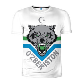 Мужская футболка 3D спортивная с принтом Узбекистан в Белгороде, 100% полиэстер с улучшенными характеристиками | приталенный силуэт, круглая горловина, широкие плечи, сужается к линии бедра | crescent | flag | islam | republic | uzbekistan | wolf | волк | ислам | полумесяц | республика | узбекистан | флаг