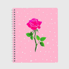 Тетрадь с принтом Роза на розовом в Белгороде, 100% бумага | 48 листов, плотность листов — 60 г/м2, плотность картонной обложки — 250 г/м2. Листы скреплены сбоку удобной пружинной спиралью. Уголки страниц и обложки скругленные. Цвет линий — светло-серый
 | женственно | красота | роза | розовый | снежинки | фуксия | цветок | шик