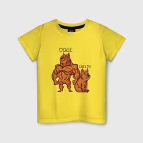 Детская футболка хлопок с принтом Качок Доге и маленький Чимс в Белгороде, 100% хлопок | круглый вырез горловины, полуприлегающий силуэт, длина до линии бедер | bodybuilder | cheems | chims | cool | cry | crying | doge | japan | japanese | little | meme | memes | power | powerful | shiba inu | small | крутой | мемас | мемчик | накаченный | песель | песик | плакса | плачет | порода | сиба ину | собак