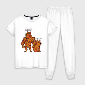 Женская пижама хлопок с принтом Качок Доге и маленький Чимс в Белгороде, 100% хлопок | брюки и футболка прямого кроя, без карманов, на брюках мягкая резинка на поясе и по низу штанин | bodybuilder | cheems | chims | cool | cry | crying | doge | japan | japanese | little | meme | memes | power | powerful | shiba inu | small | крутой | мемас | мемчик | накаченный | песель | песик | плакса | плачет | порода | сиба ину | собак