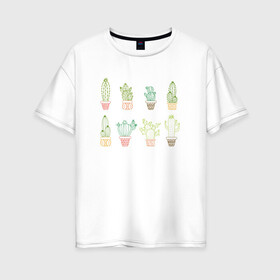Женская футболка хлопок Oversize с принтом Кактусы в Белгороде, 100% хлопок | свободный крой, круглый ворот, спущенный рукав, длина до линии бедер
 | кактус | кактусы | растение | сердечка | цветочный горшок | цветущее растение