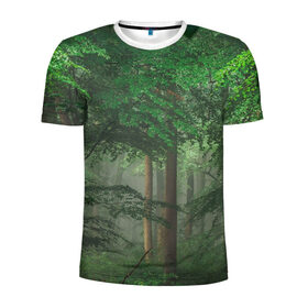Мужская футболка 3D спортивная с принтом Тропический лес в Белгороде, 100% полиэстер с улучшенными характеристиками | приталенный силуэт, круглая горловина, широкие плечи, сужается к линии бедра | деревья | джунгли | зеленый лес | зелень | лес | тропики | тропический лес