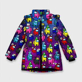 Зимняя куртка для девочек 3D с принтом AMONG US в Белгороде, ткань верха — 100% полиэстер; подклад — 100% полиэстер, утеплитель — 100% полиэстер. | длина ниже бедра, удлиненная спинка, воротник стойка и отстегивающийся капюшон. Есть боковые карманы с листочкой на кнопках, утяжки по низу изделия и внутренний карман на молнии. 

Предусмотрены светоотражающий принт на спинке, радужный светоотражающий элемент на пуллере молнии и на резинке для утяжки. | Тематика изображения на принте: among us игра | among us на пк | there is 1 impostor | there is impostor among us | предатель среди нас | разноцветные космонавты.