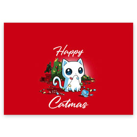 Поздравительная открытка с принтом Happy Catmas в Белгороде, 100% бумага | плотность бумаги 280 г/м2, матовая, на обратной стороне линовка и место для марки
 | 2021 | cat | catmas | christmas | happy new year | merry christmas | new year | герлянда | кот | котейка | котики | новый год | праздник | рождество