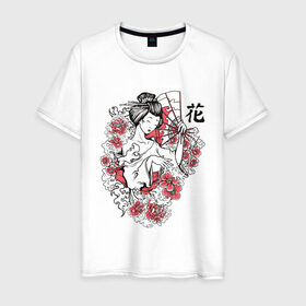 Мужская футболка хлопок с принтом Гейша в Белгороде, 100% хлопок | прямой крой, круглый вырез горловины, длина до линии бедер, слегка спущенное плечо. | geisha | japan | веер | девушка | женщина | иероглиф | иероглифы | кимоно | рисунок | сакура | цветочки | цветы | япония | японка
