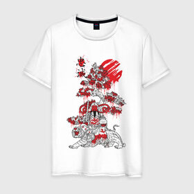 Мужская футболка хлопок с принтом Япония в Белгороде, 100% хлопок | прямой крой, круглый вырез горловины, длина до линии бедер, слегка спущенное плечо. | Тематика изображения на принте: japan | tiger | азия | буддизм | дерево | иероглиф | иероглифы | император | кимоно | краска | рисунок | сакура | самурай | солнце | терракота | тигр | хищник | япония | японский воин