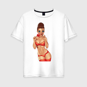 Женская футболка хлопок Oversize с принтом Сексуальная девушка с леденцом в Белгороде, 100% хлопок | свободный крой, круглый ворот, спущенный рукав, длина до линии бедер
 | girl | бестия | девушка | леденец | рыжая | сердечко | сосачка