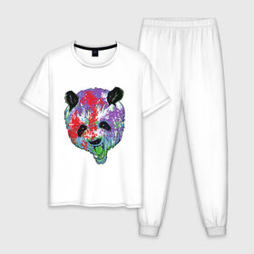 Мужская пижама хлопок с принтом Панда в Белгороде, 100% хлопок | брюки и футболка прямого кроя, без карманов, на брюках мягкая резинка на поясе и по низу штанин
 | animal | animals | australia | bear | paint | panda | panda bear | австралия | голова | голова панды | животное | зубы | клыки | краска | краски | медведь | медведь панда | панда | пандочка | природа | рисунок