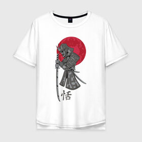 Мужская футболка хлопок Oversize с принтом Самурай в Белгороде, 100% хлопок | свободный крой, круглый ворот, “спинка” длиннее передней части | japan | katana | moon | samurai | воин | воин самурай | доспехи | доспехи самурая | иероглиф | иероглифы | ироглиф | катана | луна | меч | нагабакама | рисунок | самурай | самурайское кимоно | солнце | хакама
