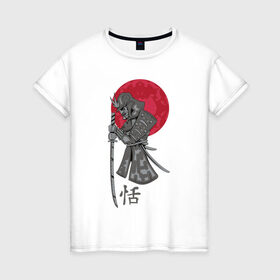 Женская футболка хлопок с принтом Самурай в Белгороде, 100% хлопок | прямой крой, круглый вырез горловины, длина до линии бедер, слегка спущенное плечо | japan | katana | moon | samurai | воин | воин самурай | доспехи | доспехи самурая | иероглиф | иероглифы | ироглиф | катана | луна | меч | нагабакама | рисунок | самурай | самурайское кимоно | солнце | хакама