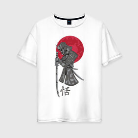 Женская футболка хлопок Oversize с принтом Самурай в Белгороде, 100% хлопок | свободный крой, круглый ворот, спущенный рукав, длина до линии бедер
 | japan | katana | moon | samurai | воин | воин самурай | доспехи | доспехи самурая | иероглиф | иероглифы | ироглиф | катана | луна | меч | нагабакама | рисунок | самурай | самурайское кимоно | солнце | хакама