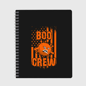 Тетрадь с принтом Boo Crew (covid19) в Белгороде, 100% бумага | 48 листов, плотность листов — 60 г/м2, плотность картонной обложки — 250 г/м2. Листы скреплены сбоку удобной пружинной спиралью. Уголки страниц и обложки скругленные. Цвет линий — светло-серый
 | 19 | america | boo | cat | covid | covid 19 | covid19 | ghost | halloween | monster | ncov | zombie | америка | бу | вирус | кладбище | коронавирус | монстр | монстры | приведение | приведения | призрак | призраки | тыква | хэллоу