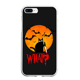 Чехол для iPhone 7Plus/8 Plus матовый с принтом What Cat (Halloween) в Белгороде, Силикон | Область печати: задняя сторона чехла, без боковых панелей | Тематика изображения на принте: cat | cats | halloween | moon | what | кот | котенок | коты | котяра | кошак | кошка | летучая | луна | мышь | нож | пушистый | хэллоуин | что