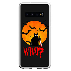 Чехол для Samsung Galaxy S10 с принтом What Cat (Halloween) в Белгороде, Силикон | Область печати: задняя сторона чехла, без боковых панелей | cat | cats | halloween | moon | what | кот | котенок | коты | котяра | кошак | кошка | летучая | луна | мышь | нож | пушистый | хэллоуин | что