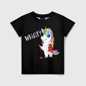 Детская футболка 3D с принтом What Unicorn в Белгороде, 100% гипоаллергенный полиэфир | прямой крой, круглый вырез горловины, длина до линии бедер, чуть спущенное плечо, ткань немного тянется | cat | halloween | rainbow | unicorn | what | единорог | единорожек | кот | нож | пушистый | радуга | радужный | хэллоуин | что