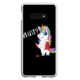 Чехол для Samsung S10E с принтом What Unicorn в Белгороде, Силикон | Область печати: задняя сторона чехла, без боковых панелей | Тематика изображения на принте: cat | halloween | rainbow | unicorn | what | единорог | единорожек | кот | нож | пушистый | радуга | радужный | хэллоуин | что