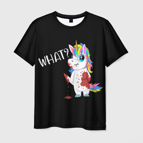 Мужская футболка 3D с принтом What Unicorn в Белгороде, 100% полиэфир | прямой крой, круглый вырез горловины, длина до линии бедер | cat | halloween | rainbow | unicorn | what | единорог | единорожек | кот | нож | пушистый | радуга | радужный | хэллоуин | что