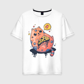 Женская футболка хлопок Oversize с принтом Cat Loves Pizza в Белгороде, 100% хлопок | свободный крой, круглый ворот, спущенный рукав, длина до линии бедер
 | art | cat | food | heart | pizza | арт | еда | кот | котик | кошка | пицца | сердечко