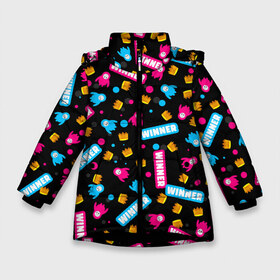 Зимняя куртка для девочек 3D с принтом FALL GUYS в Белгороде, ткань верха — 100% полиэстер; подклад — 100% полиэстер, утеплитель — 100% полиэстер. | длина ниже бедра, удлиненная спинка, воротник стойка и отстегивающийся капюшон. Есть боковые карманы с листочкой на кнопках, утяжки по низу изделия и внутренний карман на молнии. 

Предусмотрены светоотражающий принт на спинке, радужный светоотражающий элемент на пуллере молнии и на резинке для утяжки. | fall guys | fall guys knockout | fallen guys | falling guys | knockout | фал гайс | фол гайс. | фолл гайс